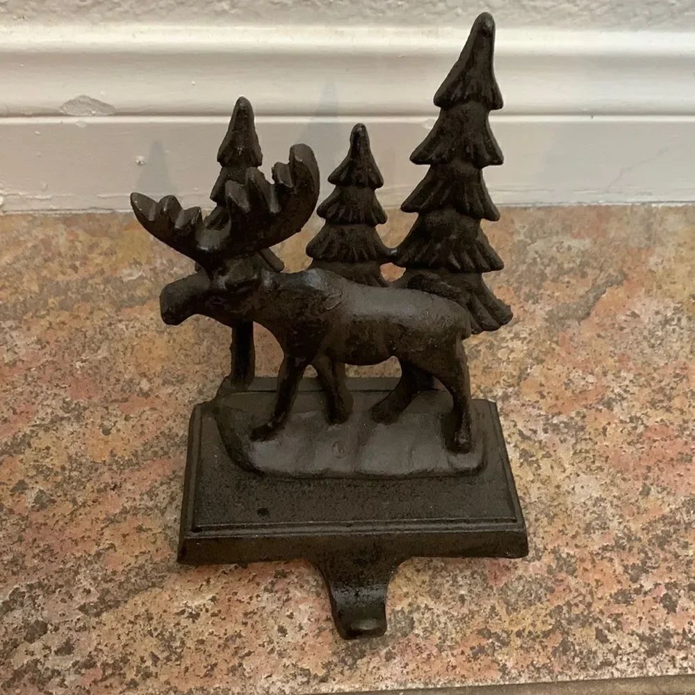 Moose Three Trees Forest Heavy Metal Brass Cabin Lodge Stocking Holder 5 X 7